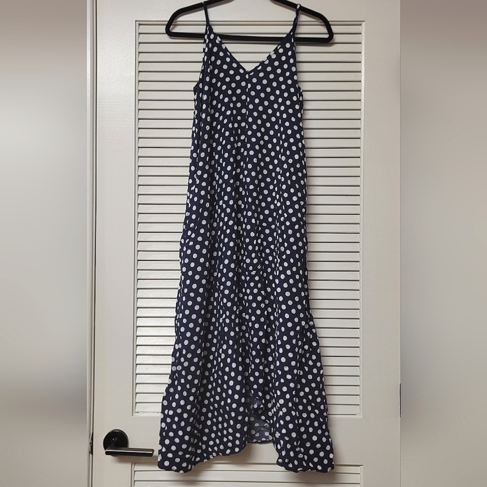 Navy Blue & White Polka-Dot Short-Sleeve With Adjustable Straps V-Neck Dress